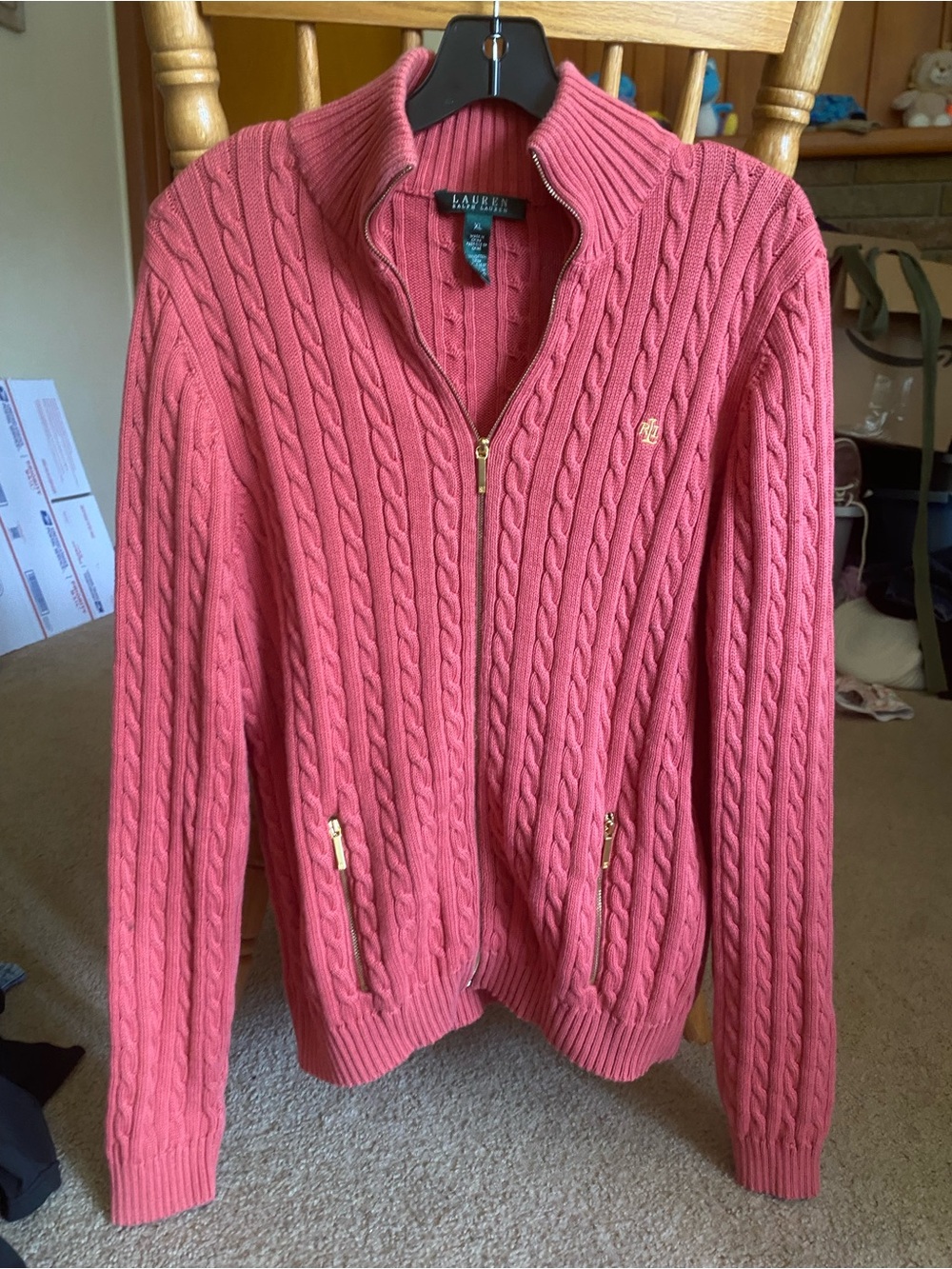 Vintage Lauren Ralph Lauren Cable Knit Full Zip Sweater Pink - XL